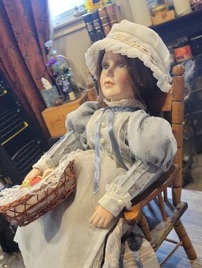 Porcelean Doll By Heritage/ " Betsy Ross" W/ Wood Chair & Acessories/ Good Cond.